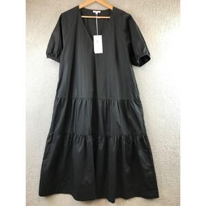New CALME BY JOHNNY WAS  Black Tiered Midi Dress V Neck Short Sleeve Women L